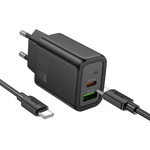 Ładowarka sieciowa do telefonu Hoco USB A + USB C QC3.0 PD 3A 30W + kabel USB C do USB C N63 czarna