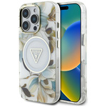 Etui Guess Glitter Flowers Triangle      Buttons MagSafe do iPhone 16 Pro biały