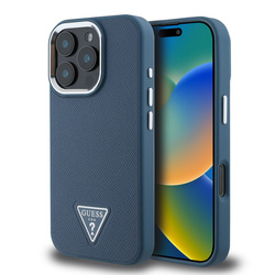Guess PU Grained Triangle Logo Case for iPhone 16 Pro Blue