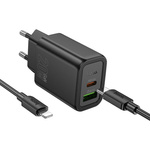Ładowarka sieciowa do telefonu Hoco USB A + USB C QC3.0 PD 3A 20W + kabel USB C do USB C N61 czarna