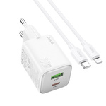 Ładowarka sieciowa do telefonu Hoco USB A + USB C QC PD 3A 20W + kabel USB C do Lightning N41 biała