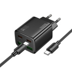 Ładowarka sieciowa do telefonu Hoco 2 x USB C + 2 x USB A QC3.0 PD 3A 30W + kabel USB C do USB C N56 czarna