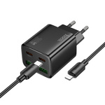 Ładowarka sieciowa do telefonu Hoco 2 x USB C + 2 x USB A QC3.0 PD 3A 30W + kabel USB C do Lightning N56 czarna
