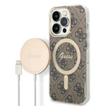 Zestaw Guess GUBPP14LH4EACSW Case+Charger iPhone 14 Pro 6,1" brązowy/brown hard case 4G Print MagSafe