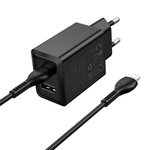 Ładowarka sieciowa do telefonu Hoco USB A + USB C QC3.0 PS AFC 3A 30W + kabel USB C do USB C N71 czarna