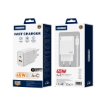 JELLICO ładowarka sieciowa C107 GaN PD 45W 1xUSB-C + 1xUSB QC3.0 + kabel USB-C - USB-C Biały