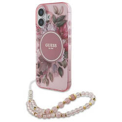 Guess GUHMP16SHFWBRCESP iPhone 16 6.1" różowy/pink hardcase IML Flowers With Pearl Strap MagSafe